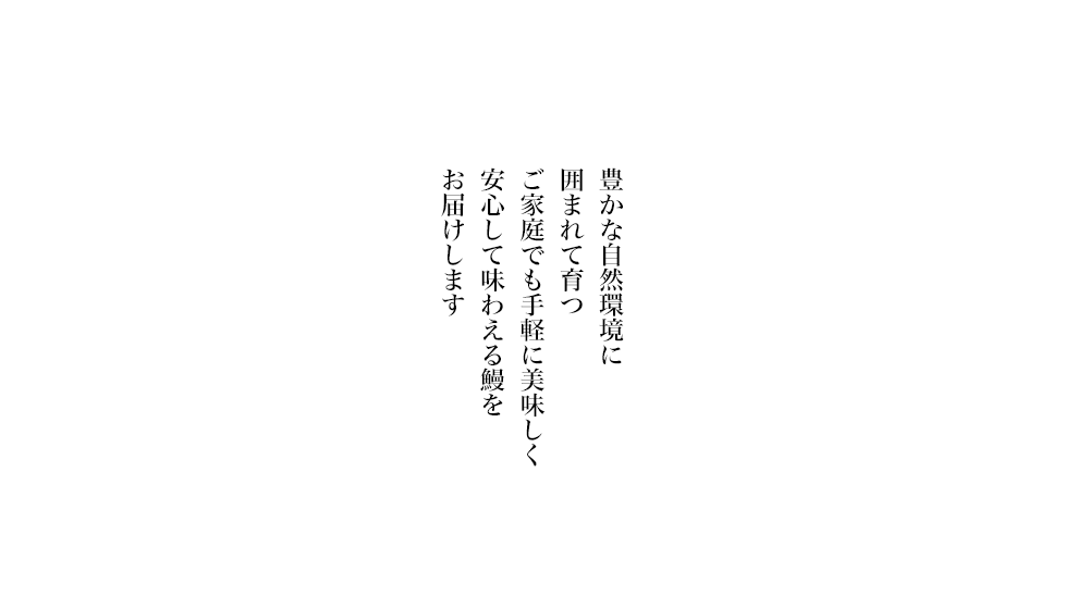 豊かな自然環境に囲まれて育つご家庭でも手軽に美味しく安心して味わえる鰻をお届けします